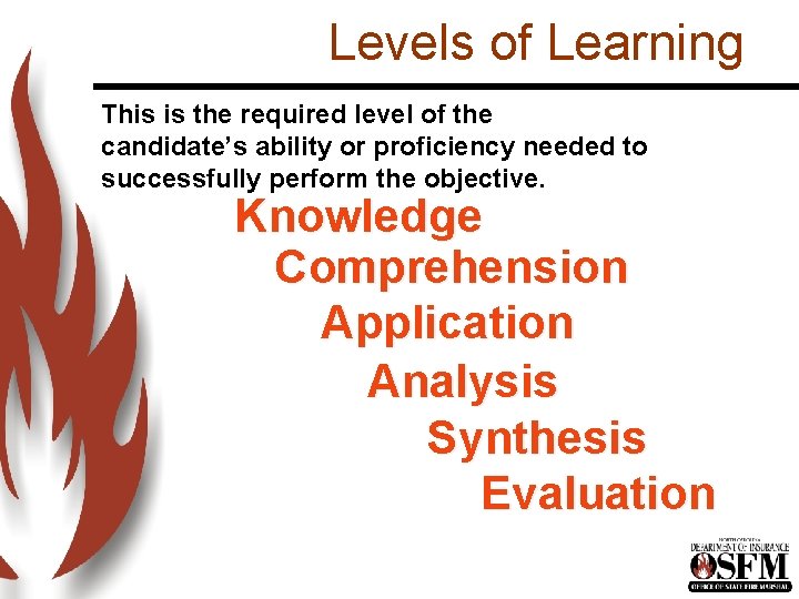 Levels of Learning This is the required level of the candidate’s ability or proficiency