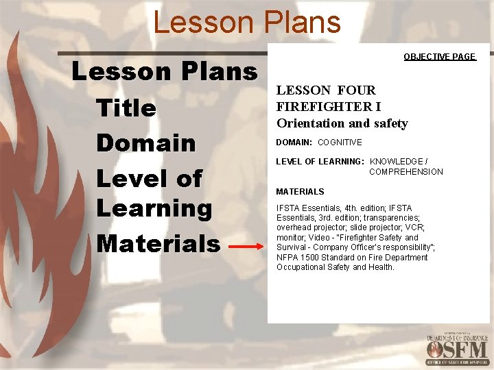 Lesson Plans Title Domain Level of Learning Materials OBJECTIVE PAGE LESSON FOUR FIREFIGHTER I