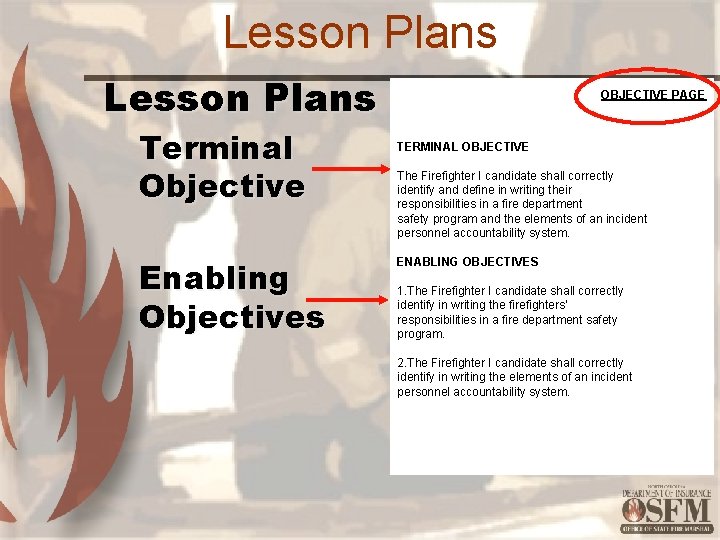 Lesson Plans Terminal Objective Enabling Objectives OBJECTIVE PAGE TERMINAL OBJECTIVE The Firefighter I candidate