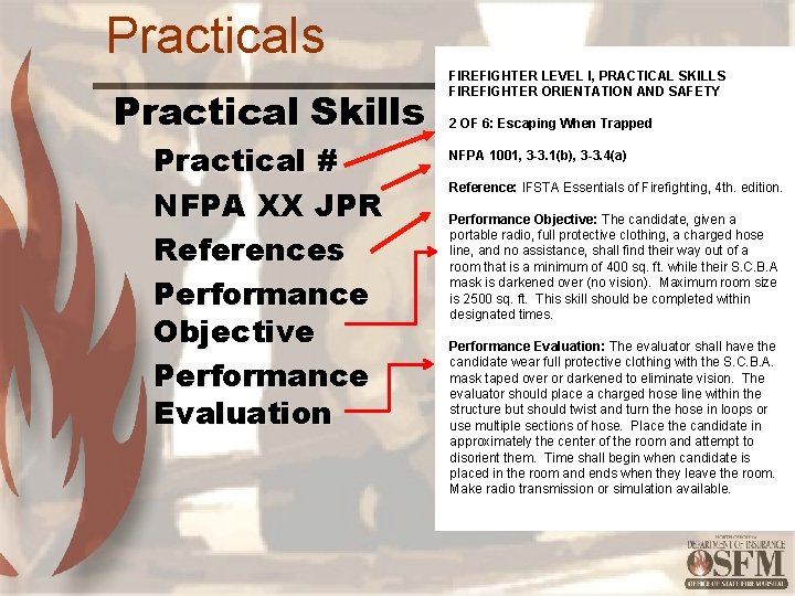 Practicals Practical Skills Practical # NFPA XX JPR References Performance Objective Performance Evaluation FIREFIGHTER
