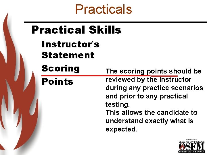 Practicals Practical Skills Instructor’s Statement Scoring Points The scoring points should be reviewed by