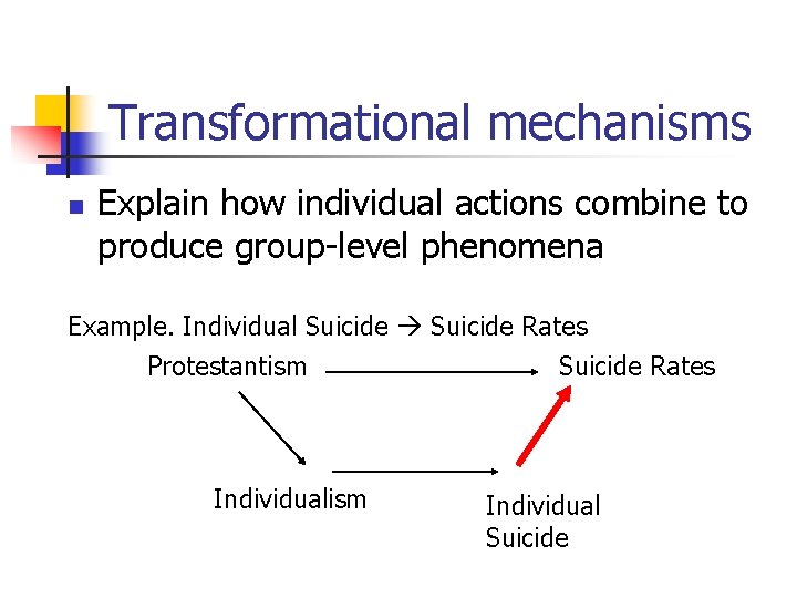 Transformational mechanisms n Explain how individual actions combine to produce group-level phenomena Example. Individual