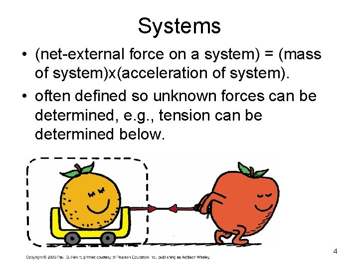 Systems • (net-external force on a system) = (mass of system)x(acceleration of system). •