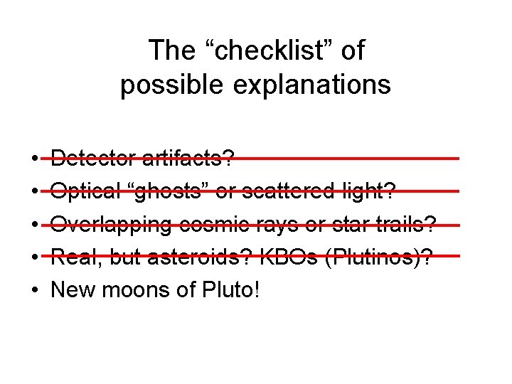 The “checklist” of possible explanations • • • Detector artifacts? Optical “ghosts” or scattered