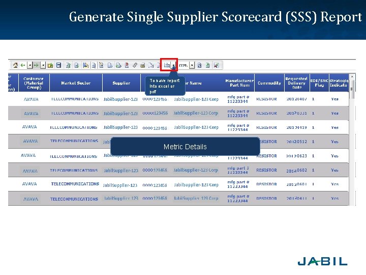 Generate Single Supplier Scorecard (SSS) Report To save report into excel or pdf Metric