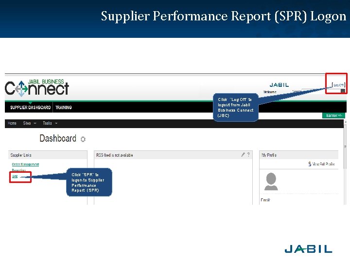 Supplier Performance Report (SPR) Logon Click “Log Off” to logout from Jabil Business Connect