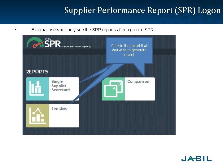 Supplier Performance Report (SPR) Logon • External users will only see the SPR reports