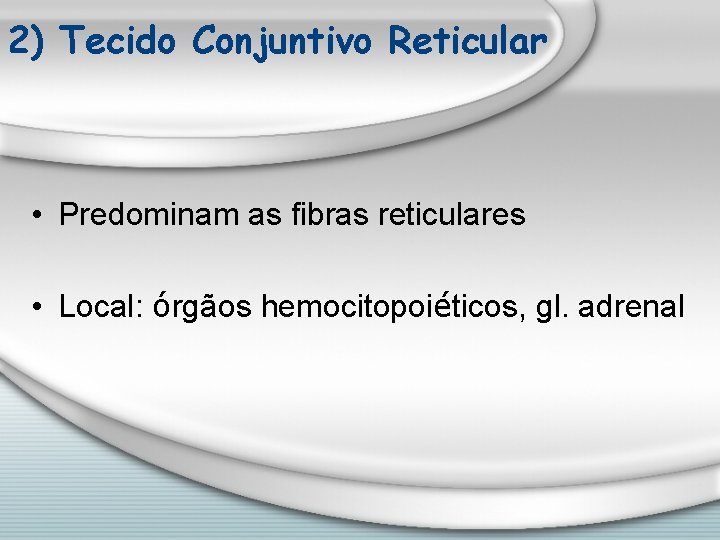 2) Tecido Conjuntivo Reticular • Predominam as fibras reticulares • Local: órgãos hemocitopoiéticos, gl.