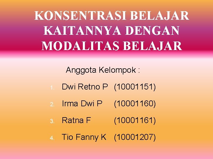 KONSENTRASI BELAJAR KAITANNYA DENGAN MODALITAS BELAJAR Anggota Kelompok : 1. Dwi Retno P (10001151)