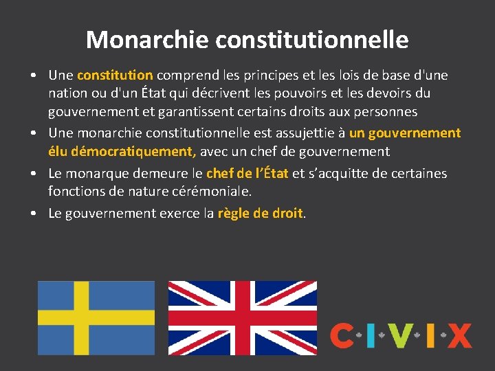 Monarchie constitutionnelle • Une constitution comprend les principes et les lois de base d'une