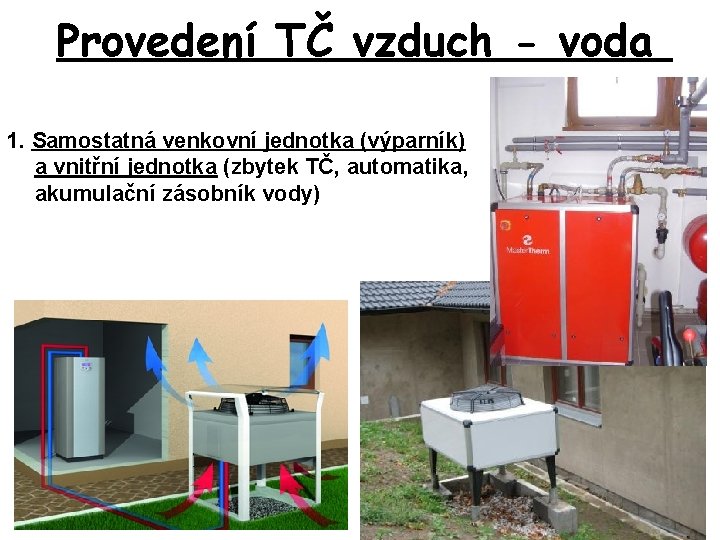 Provedení TČ vzduch - voda 1. Samostatná venkovní jednotka (výparník) a vnitřní jednotka (zbytek