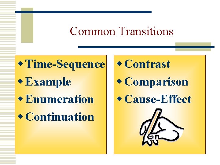 Common Transitions w Time-Sequence w Contrast w Example w Comparison w Enumeration w Cause-Effect Common Transitions w Time-Sequence w Contrast w Example w Comparison w Enumeration w Cause-Effect