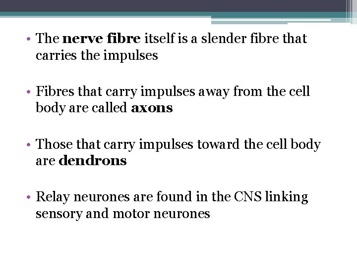  • The nerve fibre itself is a slender fibre that carries the impulses