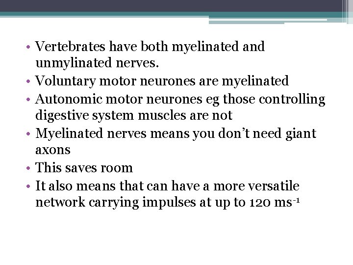  • Vertebrates have both myelinated and unmylinated nerves. • Voluntary motor neurones are