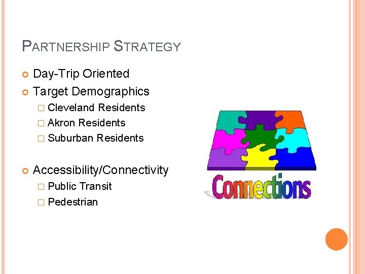 PARTNERSHIP STRATEGY Day-Trip Oriented Target Demographics � Cleveland Residents � Akron Residents � Suburban