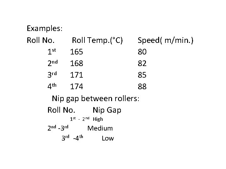  Examples: Roll No. Roll Temp. (°C) Speed( m/min. ) 1 st 165 80