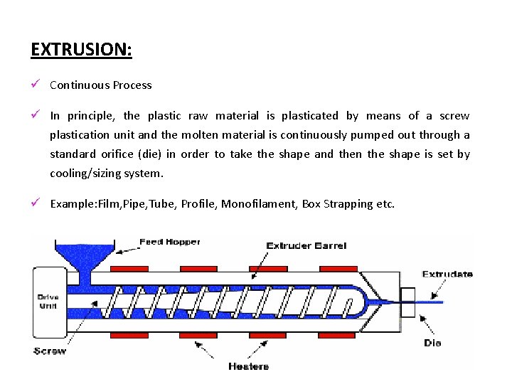 EXTRUSION: ü Continuous Process ü In principle, the plastic raw material is plasticated by