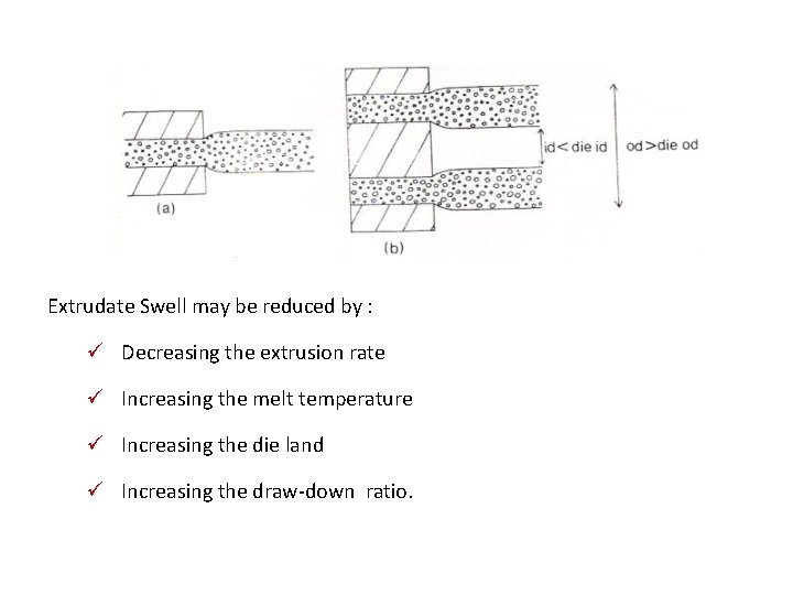 Extrudate Swell may be reduced by : ü Decreasing the extrusion rate ü Increasing