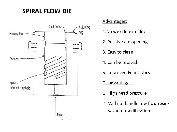 SPIRAL FLOW DIE Advantages: 1. No weld line in film 2. Positive die opening