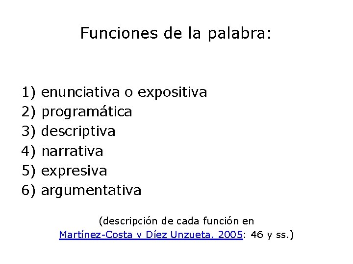 Funciones de la palabra: 1) 2) 3) 4) 5) 6) enunciativa o expositiva programática