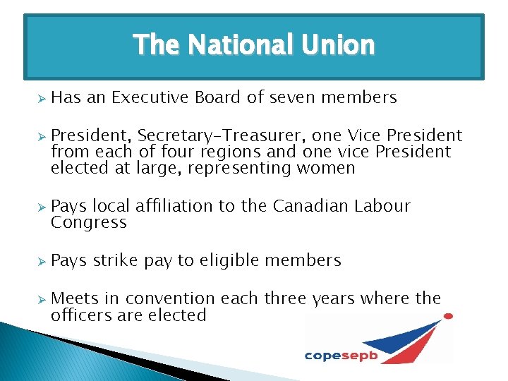 The National Union Ø Ø Ø Has an Executive Board of seven members President,