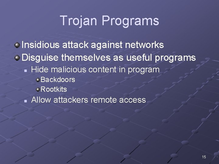 Trojan Programs Insidious attack against networks Disguise themselves as useful programs n Hide malicious