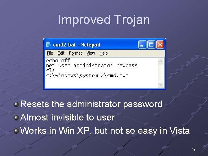 Improved Trojan Resets the administrator password Almost invisible to user Works in Win XP,