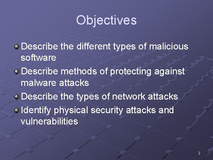 Objectives Describe the different types of malicious software Describe methods of protecting against malware