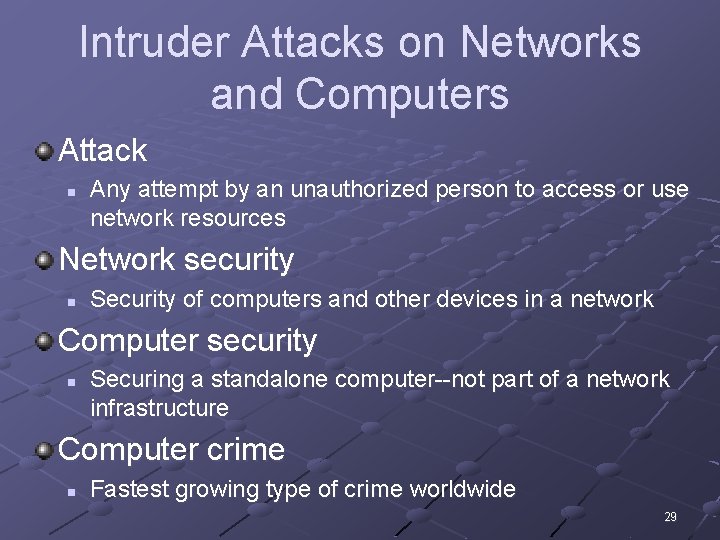 Intruder Attacks on Networks and Computers Attack n Any attempt by an unauthorized person