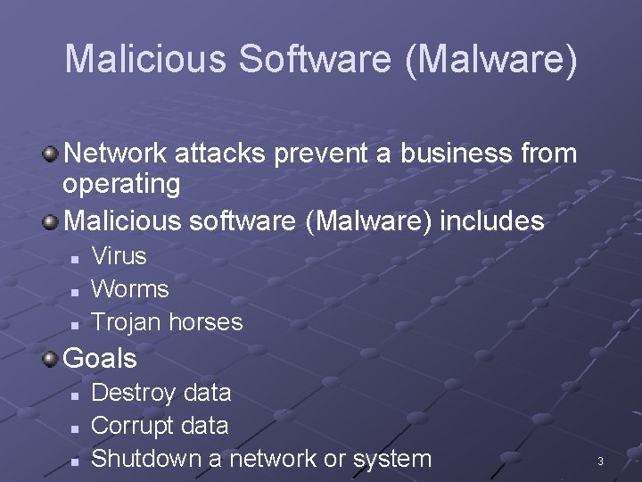 Malicious Software (Malware) Network attacks prevent a business from operating Malicious software (Malware) includes