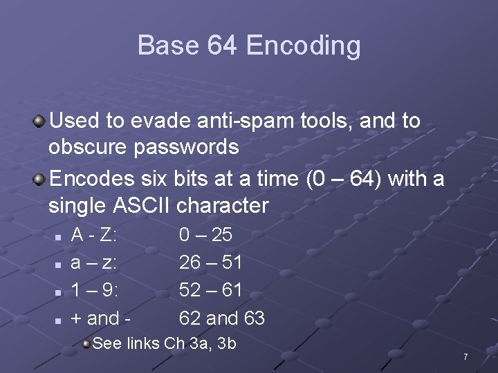 Base 64 Encoding Used to evade anti-spam tools, and to obscure passwords Encodes six