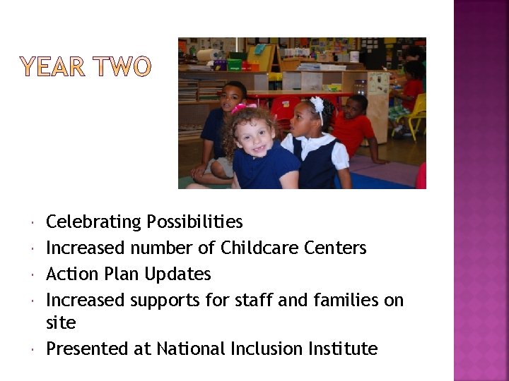  Celebrating Possibilities Increased number of Childcare Centers Action Plan Updates Increased supports for