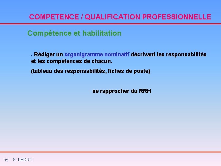 COMPETENCE / QUALIFICATION PROFESSIONNELLE Compétence et habilitation. Rédiger un organigramme nominatif décrivant les responsabilités