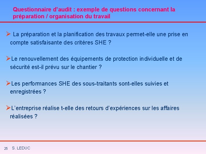 Questionnaire d’audit : exemple de questions concernant la préparation / organisation du travail Ø