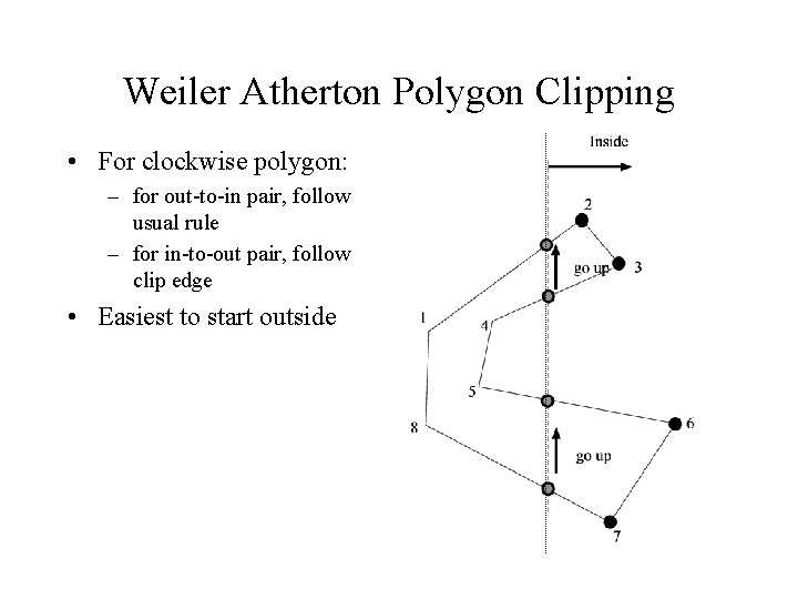 Weiler Atherton Polygon Clipping • For clockwise polygon: – for out-to-in pair, follow usual