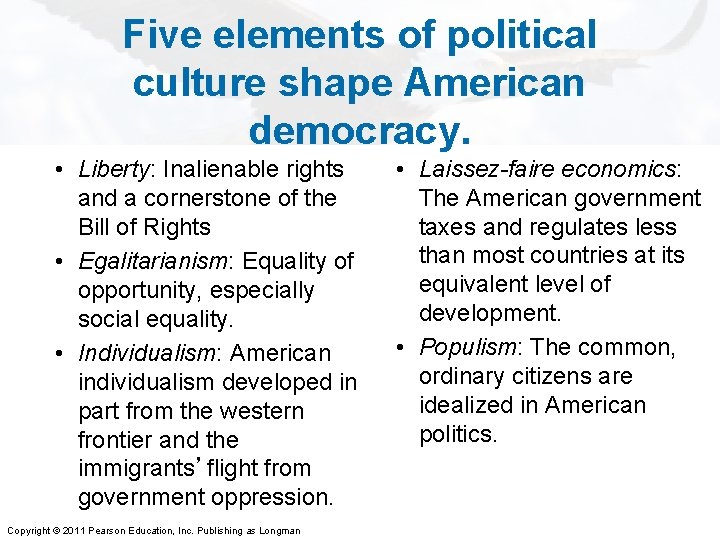 Five elements of political culture shape American democracy. • Liberty: Inalienable rights and a Five elements of political culture shape American democracy. • Liberty: Inalienable rights and a