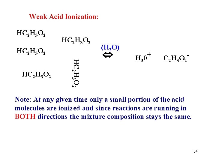 Weak Acid Ionization: HC 2 H 3 O 2 HC 2 H 3 O