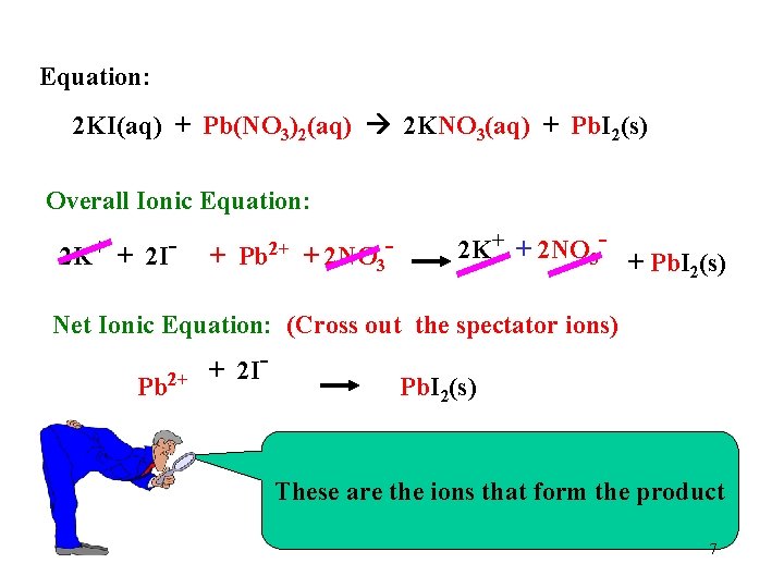 Equation: 2 KI(aq) + Pb(NO 3)2(aq) 2 KNO 3(aq) + Pb. I 2(s) Overall