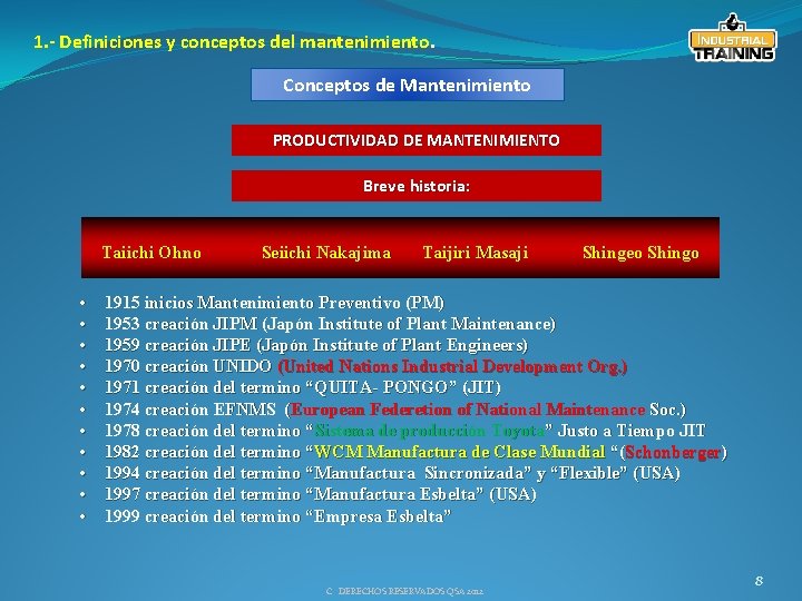 1. - Definiciones y conceptos del mantenimiento. Conceptos de Mantenimiento PRODUCTIVIDAD DE MANTENIMIENTO Breve