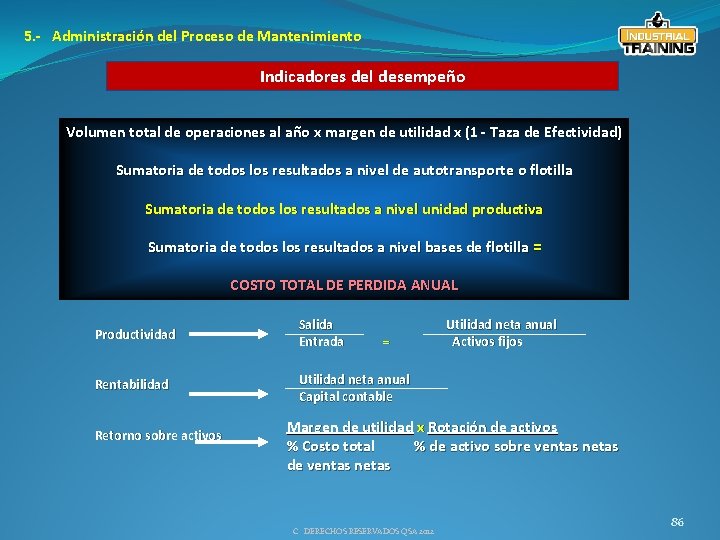 5. - Administración del Proceso de Mantenimiento Indicadores del desempeño Volumen total de operaciones