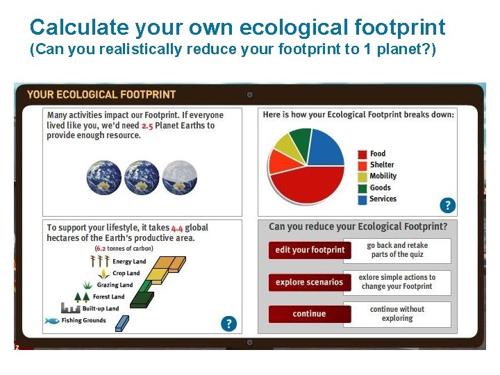 Calculate your own ecological footprint (Can you realistically reduce your footprint to 1 planet?