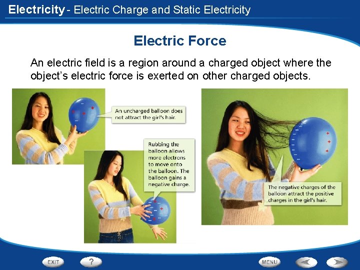 Electricity - Electric Charge and Static Electricity Electric Force An electric field is a