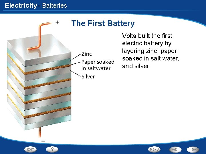 Electricity - Batteries The First Battery Volta built the first electric battery by layering