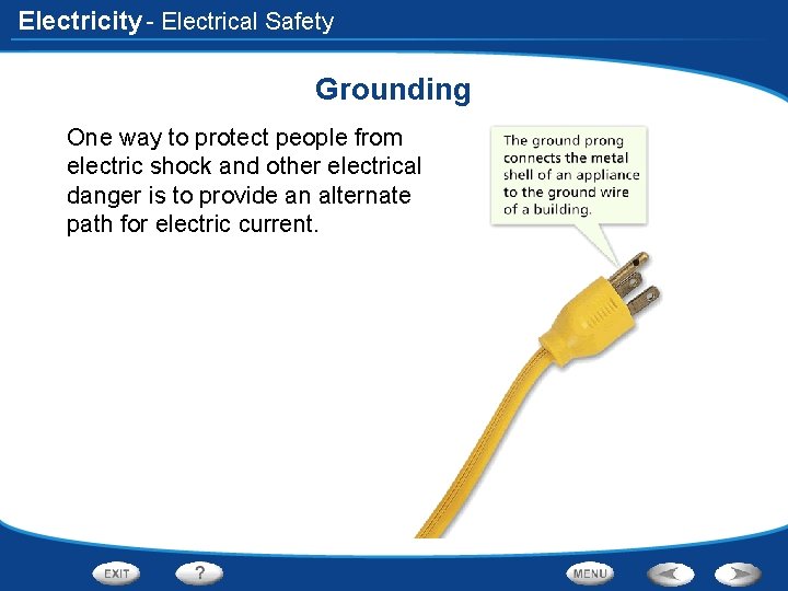 Electricity - Electrical Safety Grounding One way to protect people from electric shock and