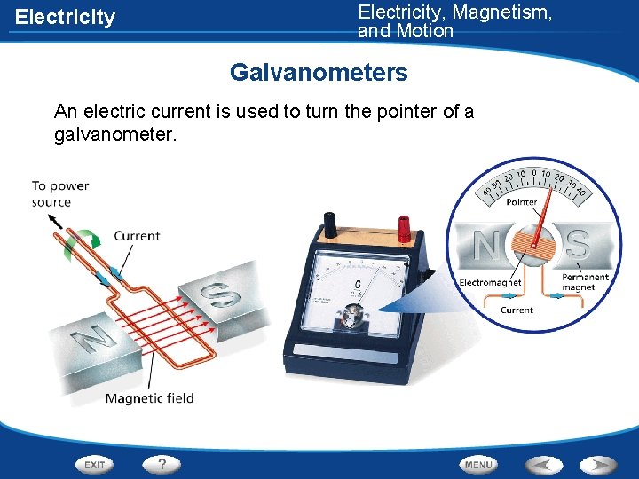 Electricity, Magnetism, and Motion Galvanometers An electric current is used to turn the pointer