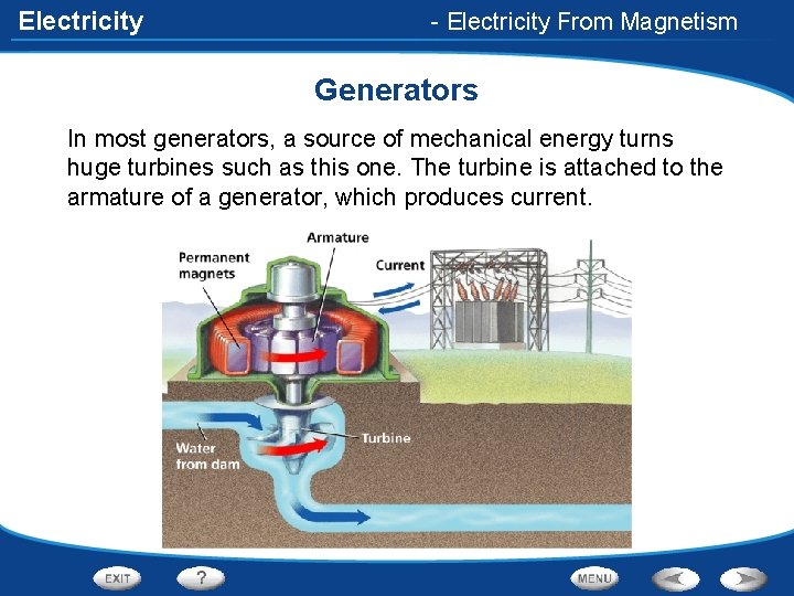 Electricity - Electricity From Magnetism Generators In most generators, a source of mechanical energy