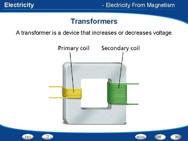 Electricity - Electricity From Magnetism Transformers A transformer is a device that increases or