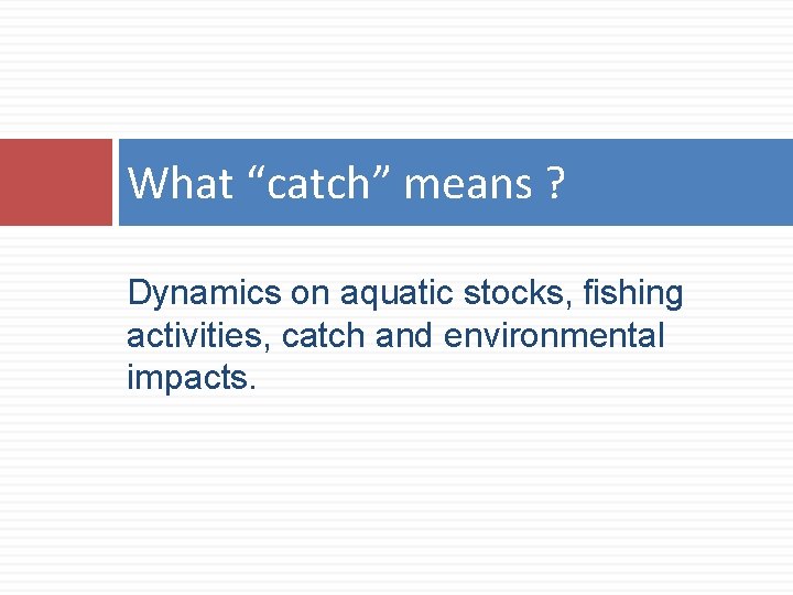 What “catch” means ? Dynamics on aquatic stocks, fishing activities, catch and environmental impacts.