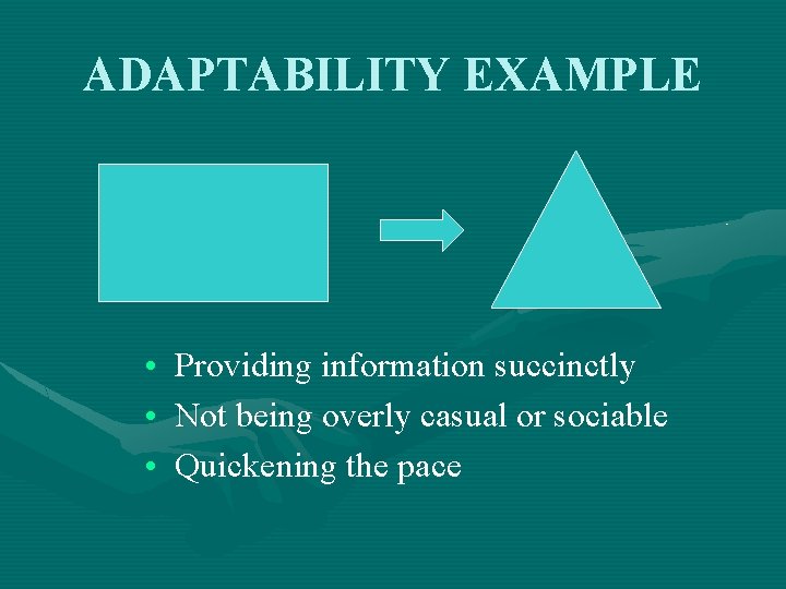 ADAPTABILITY EXAMPLE • • • Providing information succinctly Not being overly casual or sociable