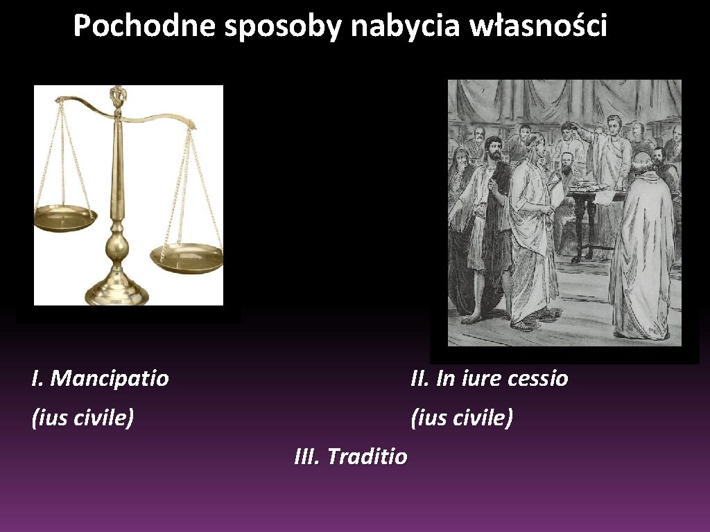 Pochodne sposoby nabycia własności I. Mancipatio II. In iure cessio (ius civile) III. Traditio